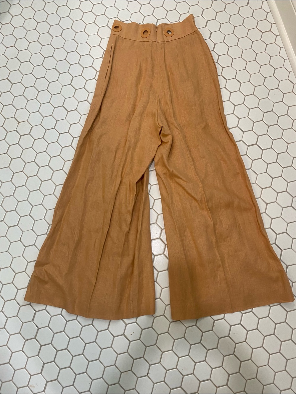 Zimmermann Linen Burnt Orange Wide-Leg High-Rise Pants with Button Waist